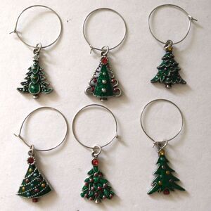 Christmas‎ Tree Wine Glass Markers Charms Set Of 6 Rhinestones Enameled Metal.